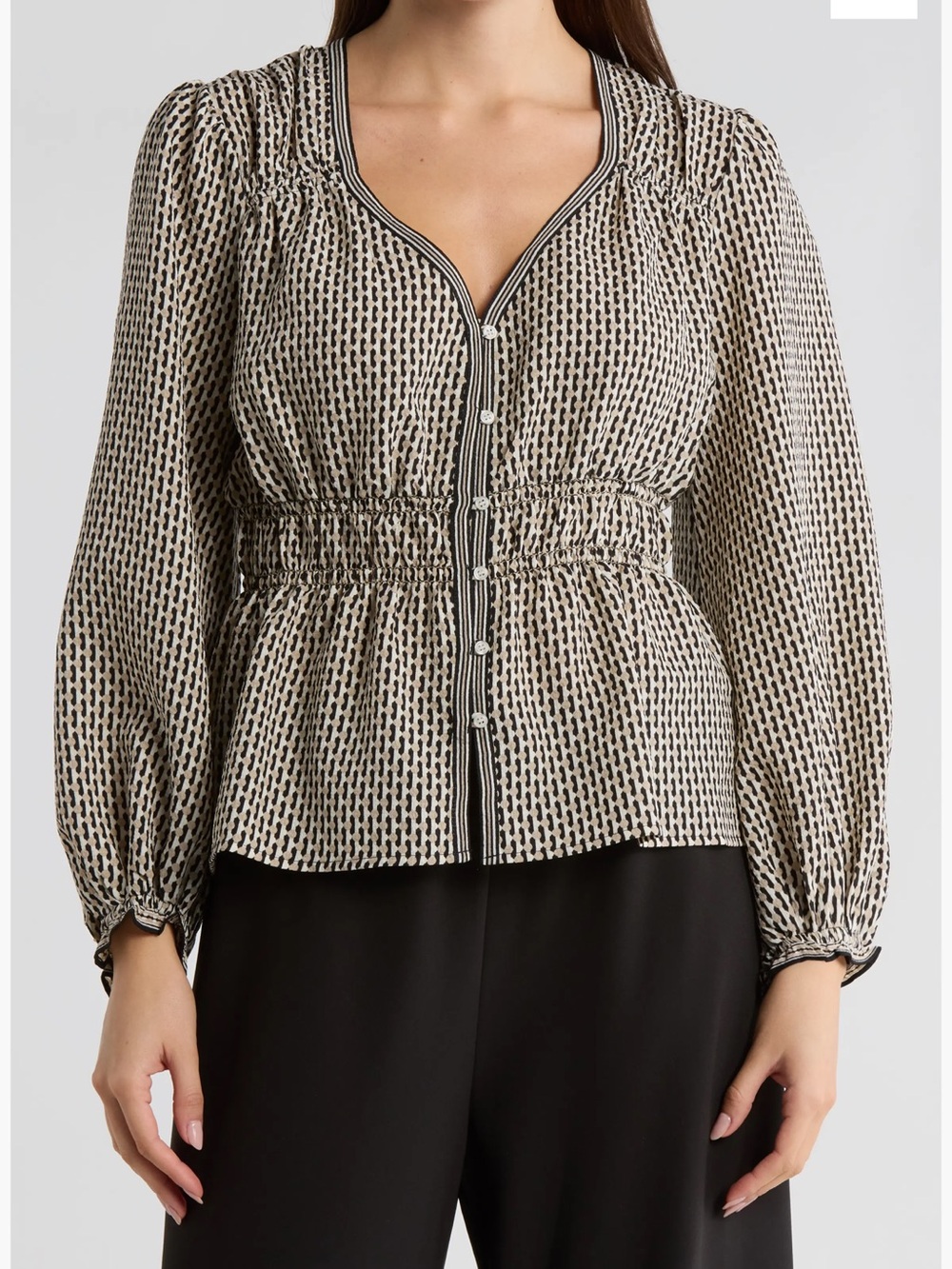 Smocked Waist V-Neck Long Sleeve Top in Black and Cream